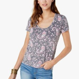 Lucky Brand Paisley Floral Scoop Neck Grey Top Relaxed Soft Lightweight Size 2X
